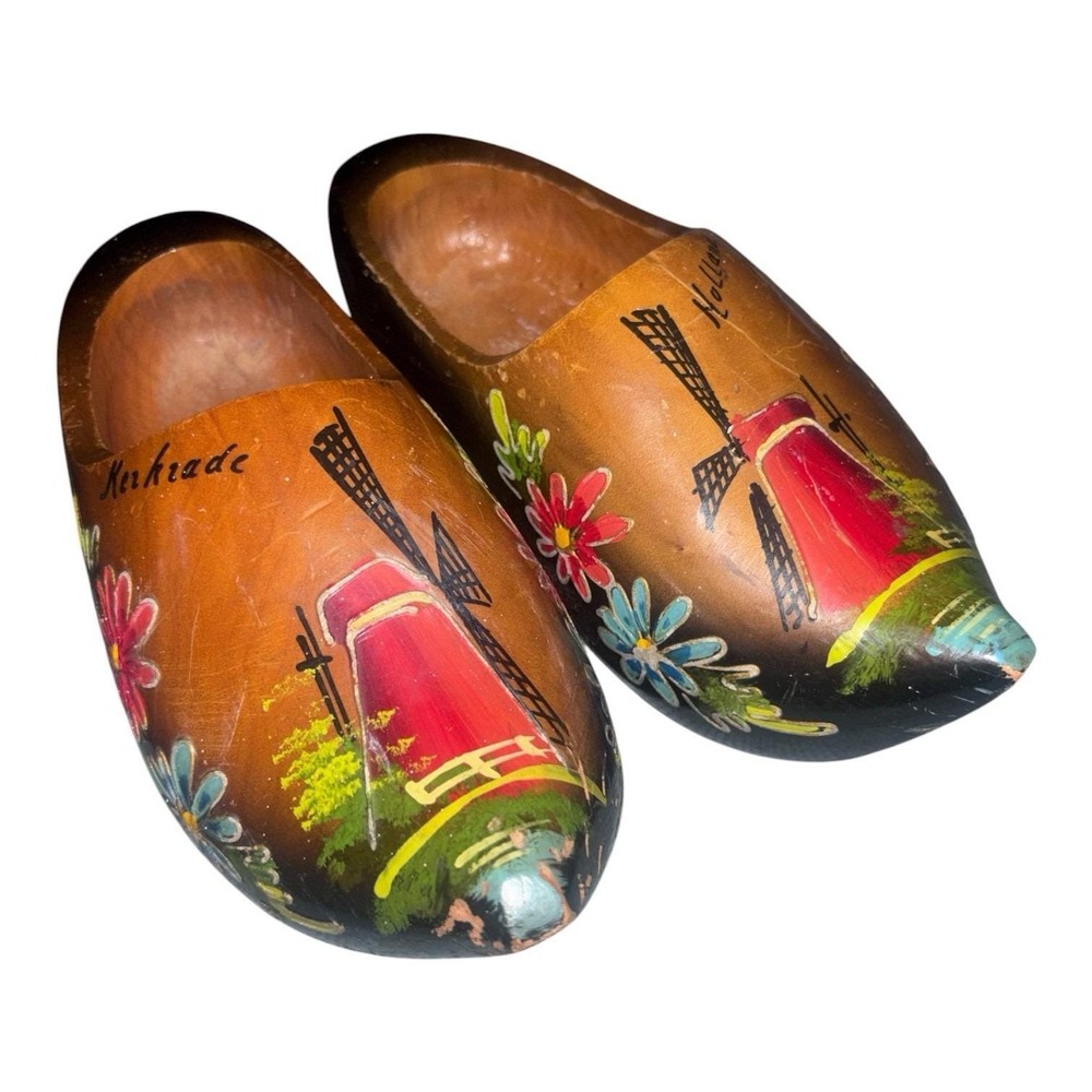 Vintage Authentic Dutch Holland Wooden Clogs Shoes Handpainted Collectible 1950s